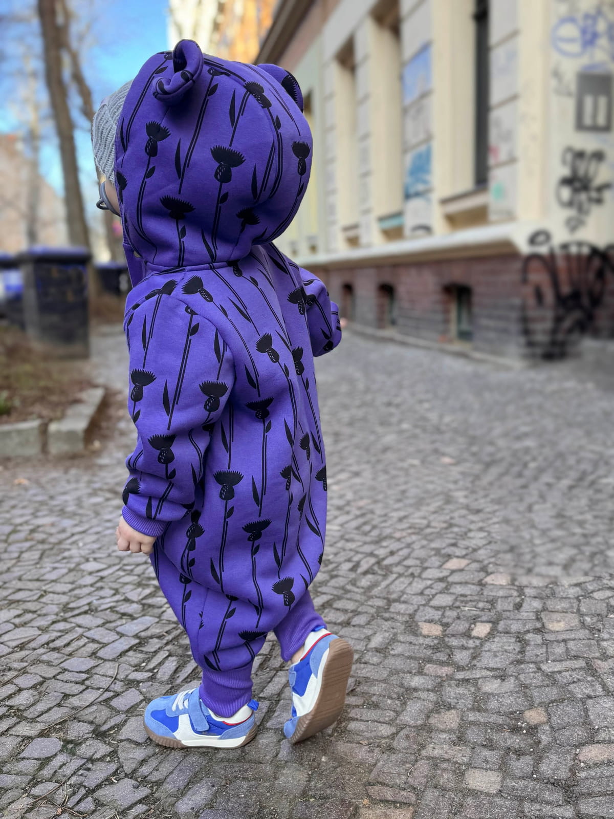 Baby Jumpsuit with Hood - Thistle on Purple | Hertwill