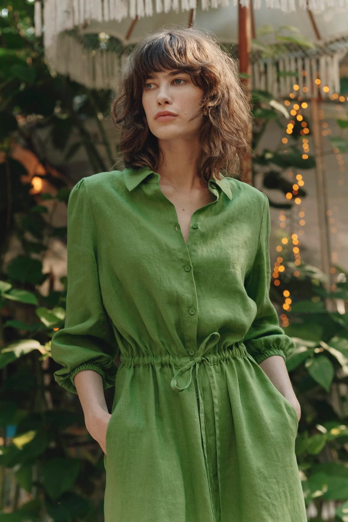open lace back dress Ripe Colette Tie Up Linen Dress (Olive) main image 1