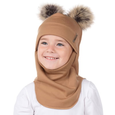 Brown Merino Wool Double Pom-Pom Balaclava