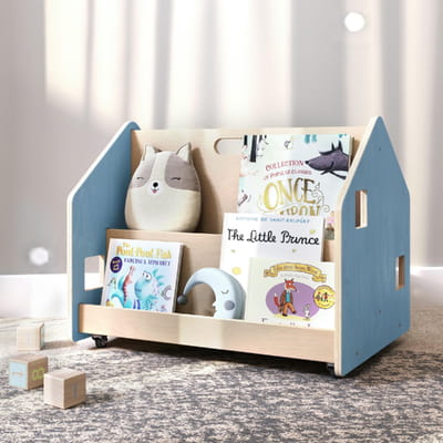 Double-Sided Bookshelf on Wheels – Light Blue