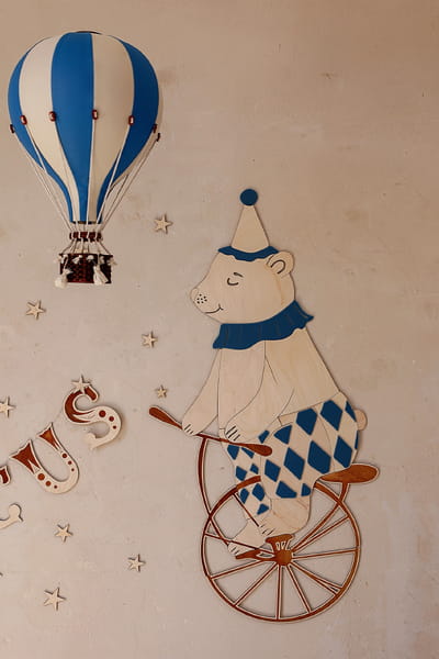 Mr. Bear and his Circus Bike – Wooden Wall Decoration