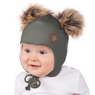 Khaki and Green Merino Wool Baby Hat with Faux-Fur Pompoms
