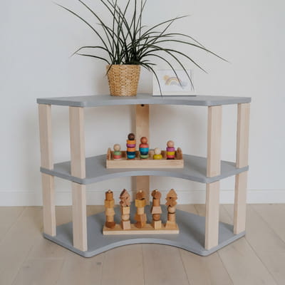 Modular Montessori Shelf Corner - 3 Shelves - Light grey/clear Oil