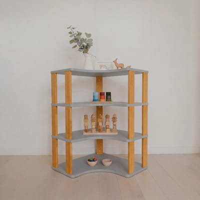 Modular Montessori Shelf Corner - 4 Shelves - Light grey/brownish oil
