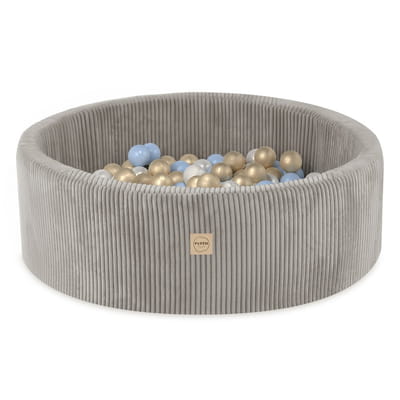 Round Corduroy Ball Pool, 90 × 30 cm — Beige, 200 Pearl, Blue and Gold Balls