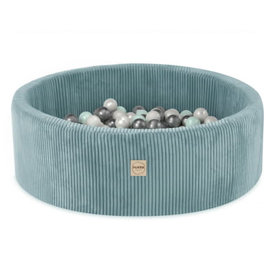 Round Corduroy Ball Pool, 90 × 30 cm — Blue, 200 Pearl, Pearl Mint and Silver Balls