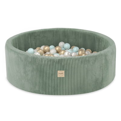 Round Corduroy Ball Pool, 90 × 30 cm — Green, 200 Pearl, Pearl Mint and Gold Balls