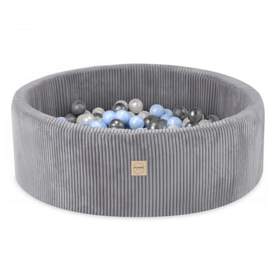Round Corduroy Ball Pool, 90 × 30 cm — Light Grey, 200 Pearl, Light Blue and Silver Balls