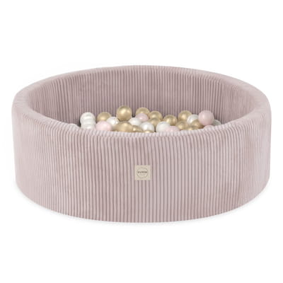 Round Corduroy Ball Pool, 90 × 30 cm — Light Pink, 200 Pearl, Light Pink and Gold Balls