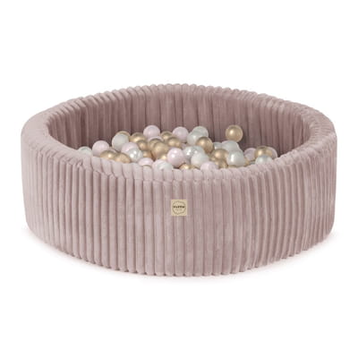 Round Puffy Lamell Ball Pool, 90 × 30 cm — Pink, 200 Pearl, Pearl Light Pink and Gold Balls