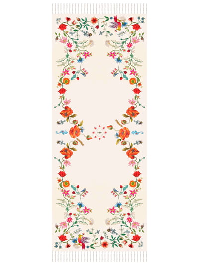 Unimoon Wool–Silk Blend Shawl – Beige and White Floral