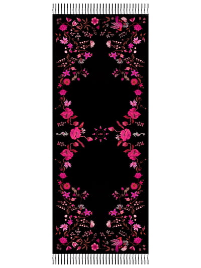 Unimoon Wool–Silk Blend Shawl – Black and Pink Floral